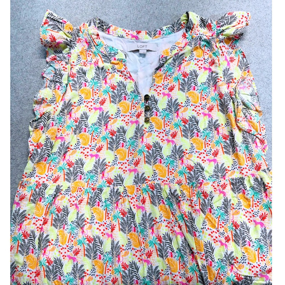 Loft Tropical Jungle Tiered Dress Womens M White Multi Ruffle Sleeve Mini Flowy